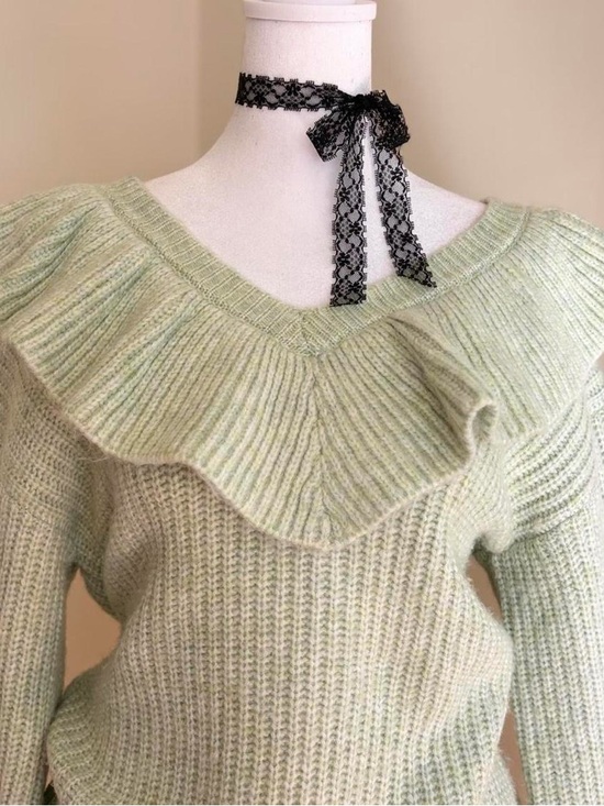 Coquette lolita ruffle babydoll collar balloon sleeve knit sweater green Japan M - Picture 5 of 10
